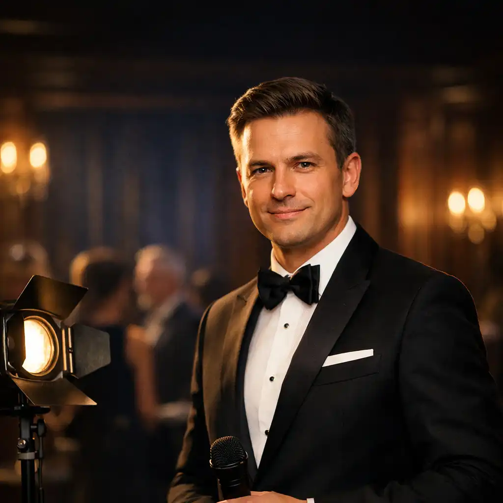 Gospodarz wieczoru w eleganckiej sali eventowej przed gośćmi