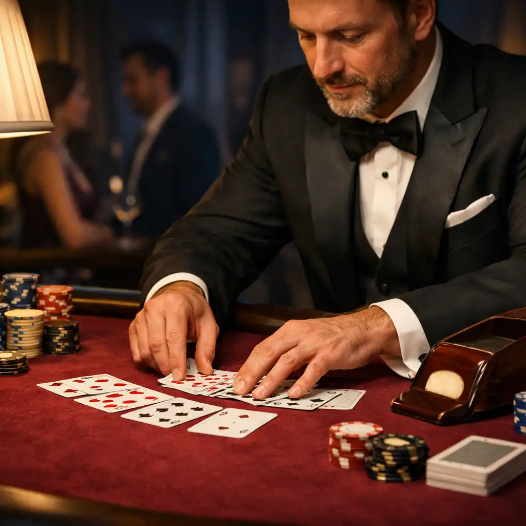 Gospodarz układa karty przy eleganckim stole w stylu kasyna